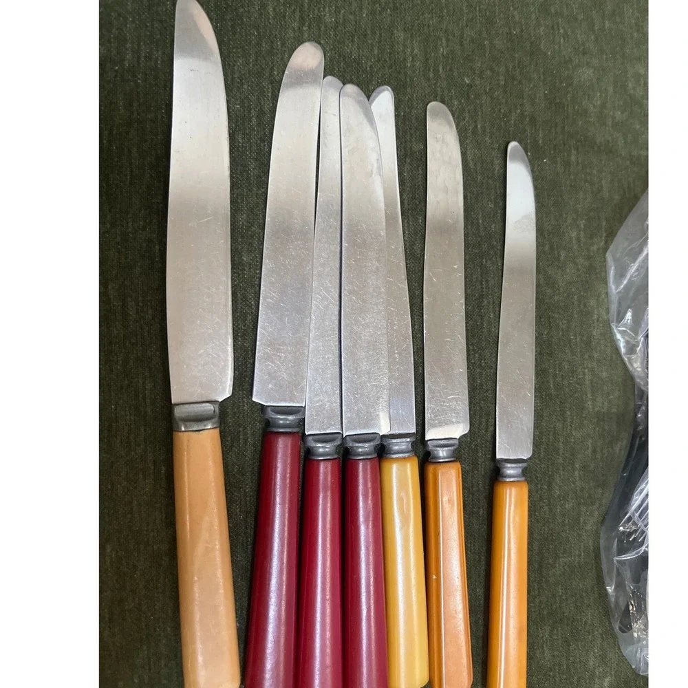 Vtg Mixed Lot Bakelite Flatware Butterscotch Yellow Cherry Red 15Pc MCM Art Deco